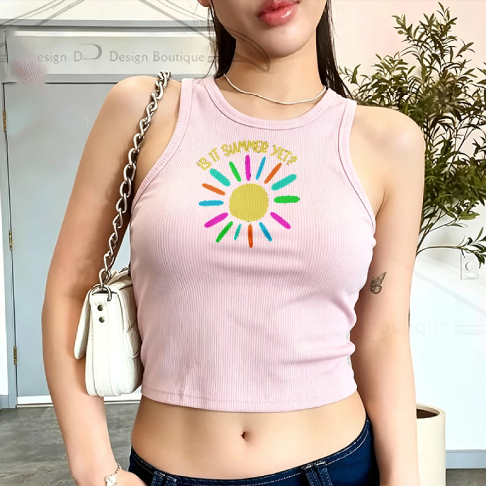 Y2k Top Rainbow Sun Print Camisole Ribbed Tank Top Crop Womens Sleeveless Cropped Slim Summer Beach Casual Basic Tank Vest Tee