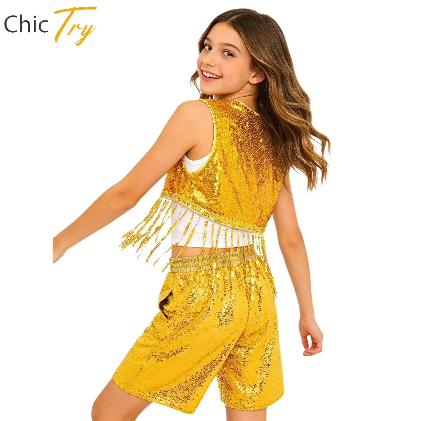 

Girls Hip Hop Jazz Sequined T-shirt Vest and Pant Set Children Fashion Show Tshirt Baggy Pant Kids Ballet Costume Streetwear