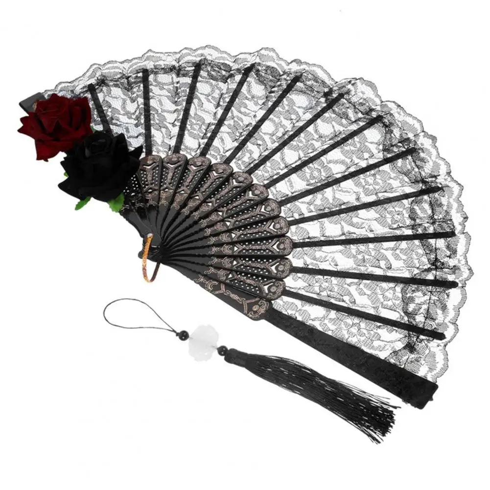 Retro Lace Fan Elegant Lolita Lace Handheld Fan with Palace-style Embroidery Fake Rose Decor for Cosplay Tea Parties Events Lace