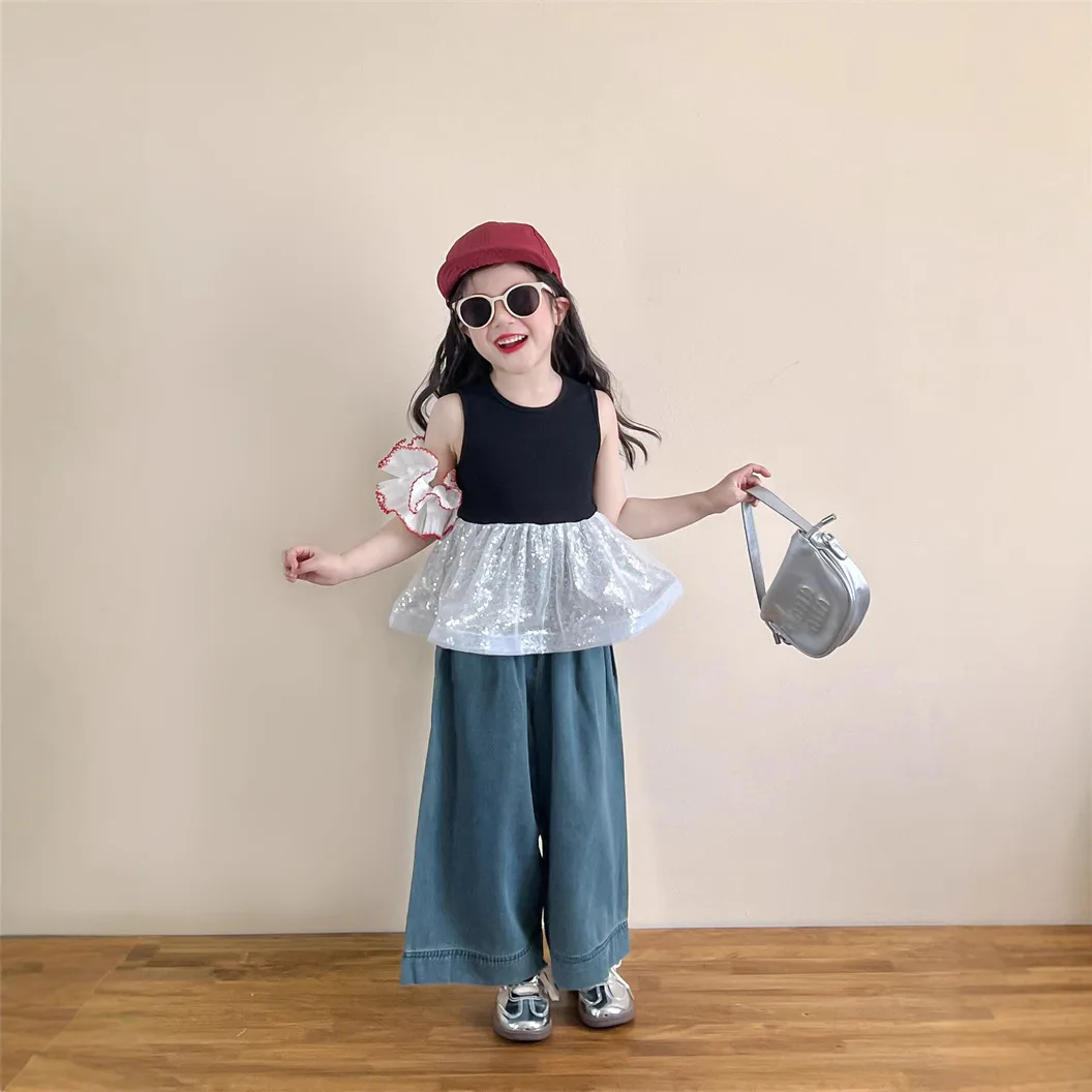 

Korean Version of Girls' Suit 2025 Summer Foreign Style Splicing Sequined Mesh Swing Vest Thin Denim Wide-leg Pants Suit