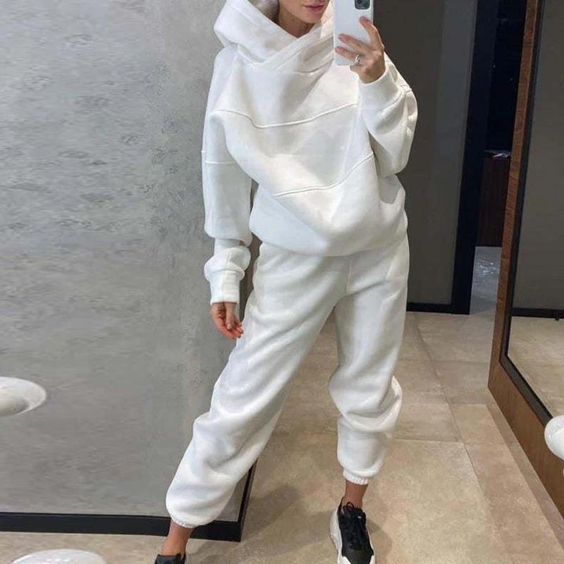 

New Autumn Winter Thick Long Sleeved Hoodie Sets Casual Pocket Pants Sports Suit Women's Fashion Solid Loose Sweatshirt Outfits