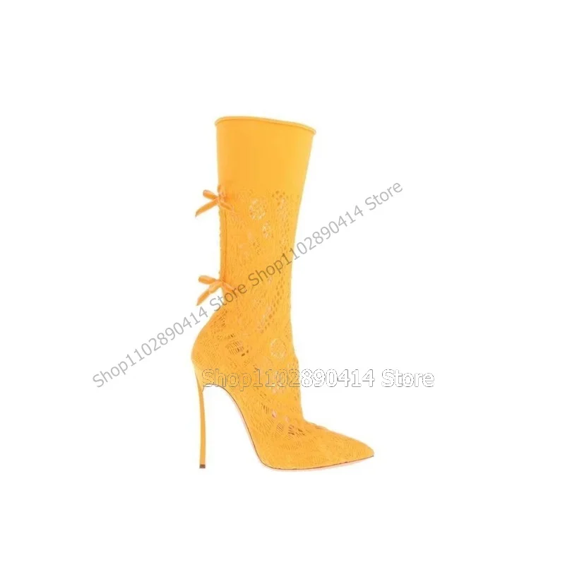 Yellow Bow Knot Decor Pointed Toe Mesh Boots Knee High Women Shoes Thin High Heels New Fashion Elegant 2023 Zapatos Para Mujere