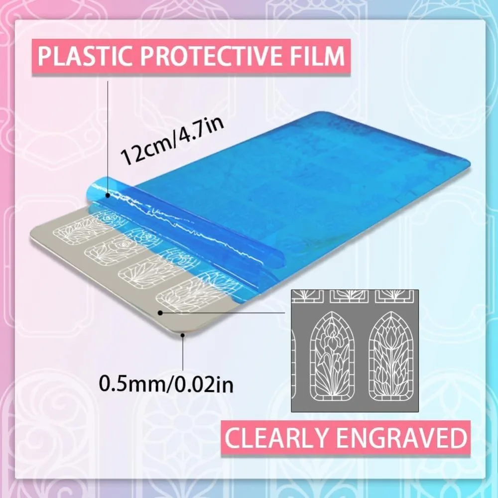 3pcs Flower Window Nail Stamping Plates Glass Nail Art Templates Tulip Rose Daisy Manicure Art Stencils Butterfly Nails Image