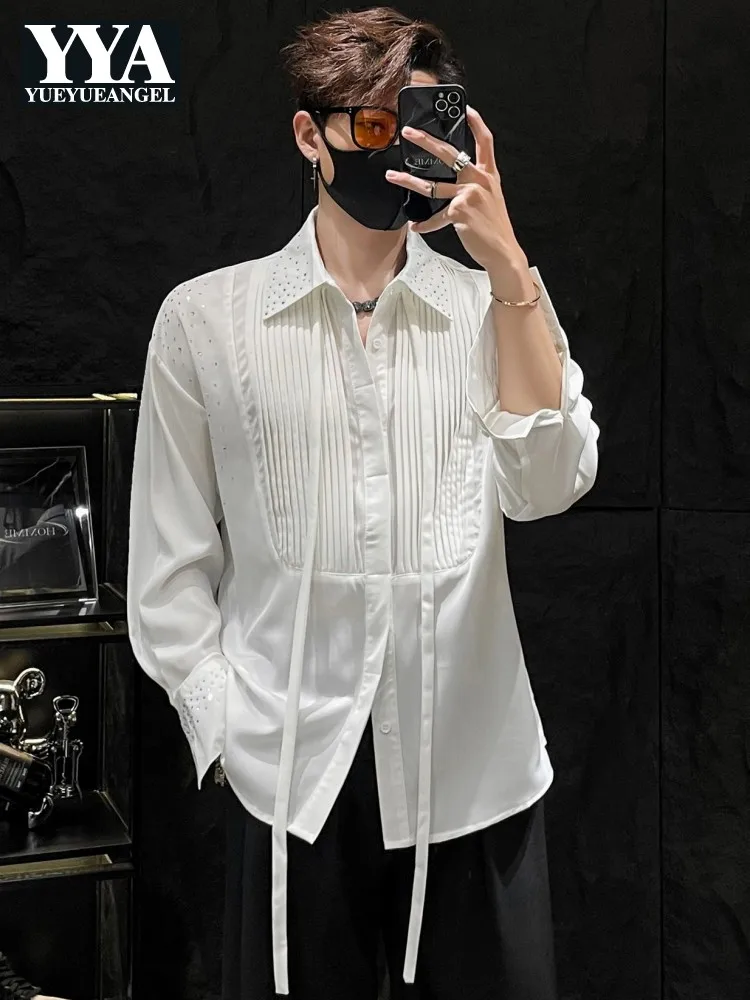 

Banquet Elegant Mens Shirt Solid Color Splice Pleated Diamonds Fashion Single Breasted Tops Spring Autumn Long Sleeve Shirts Men