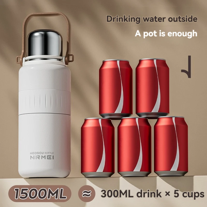 Imagem -04 - Frasco de Vácuo Grande com Alça e Palha Garrafa Térmica de Garrafa de Água ao ar Livre Portátil Parede Dupla Esportes Manter Frio 1.5l Aço Inoxidável