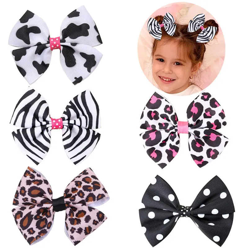 2Pcs Cute Cow Hair Clips Grosgrain Ribbon Leopard Printing Bows Hairpins Girls Hairpin Headwear Kids Barrettes Hair Accessorie