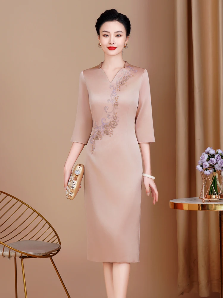 

Elegant Acetate Satin Dress for Wedding Banquet Mother-In-Law High Rank Spring Autumn Seasonal Mid-Length Gown