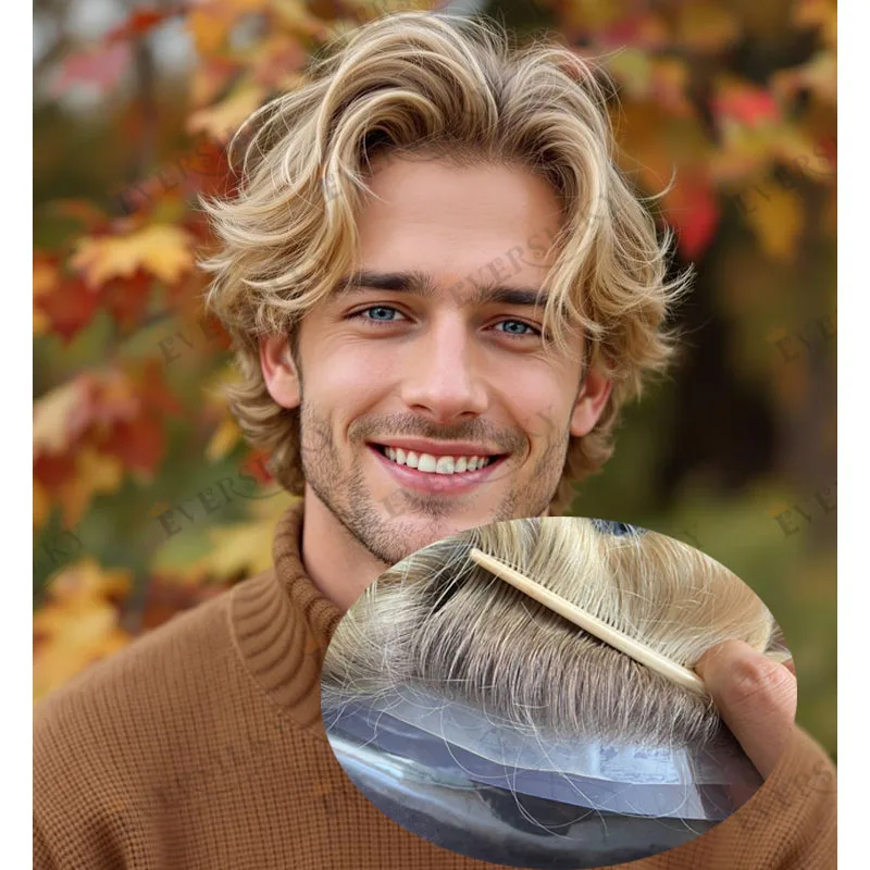 Natural Hairline Capillary Prosthesis System Men Toupee 100% Human Hair Ombre Blonde Super Durable Mirage Thin Skin Base Wigs