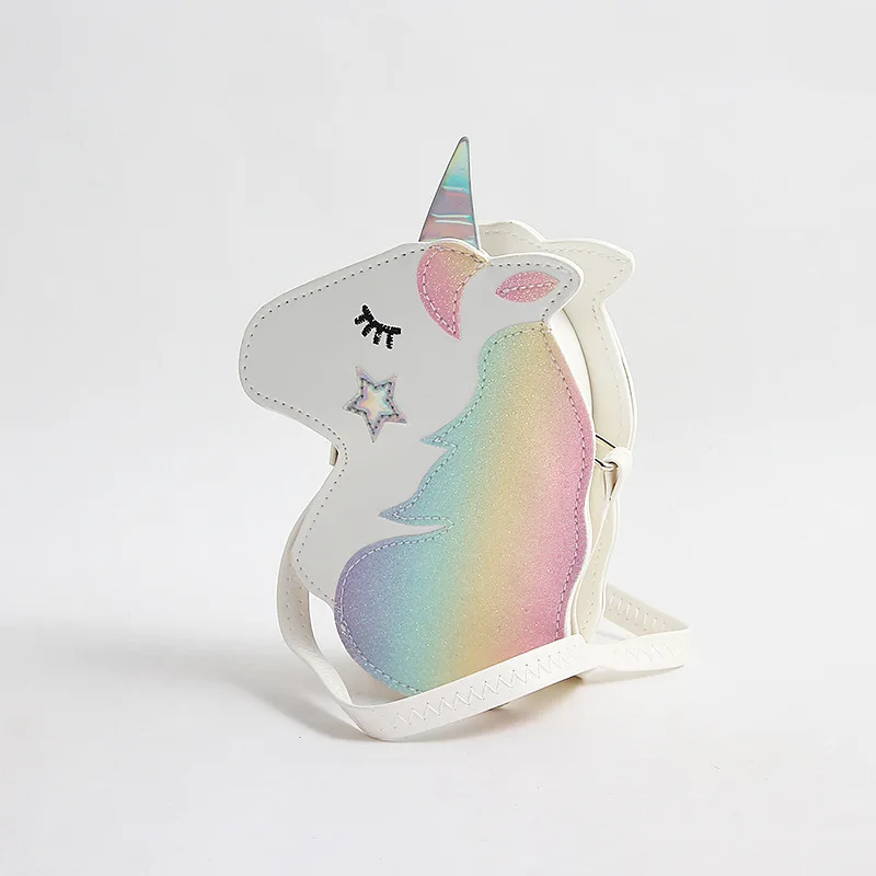 Tas selempang kartun Unicorn perempuan, kantung bahu Bling kulit PU lucu, ritsleting 3D untuk anak-anak