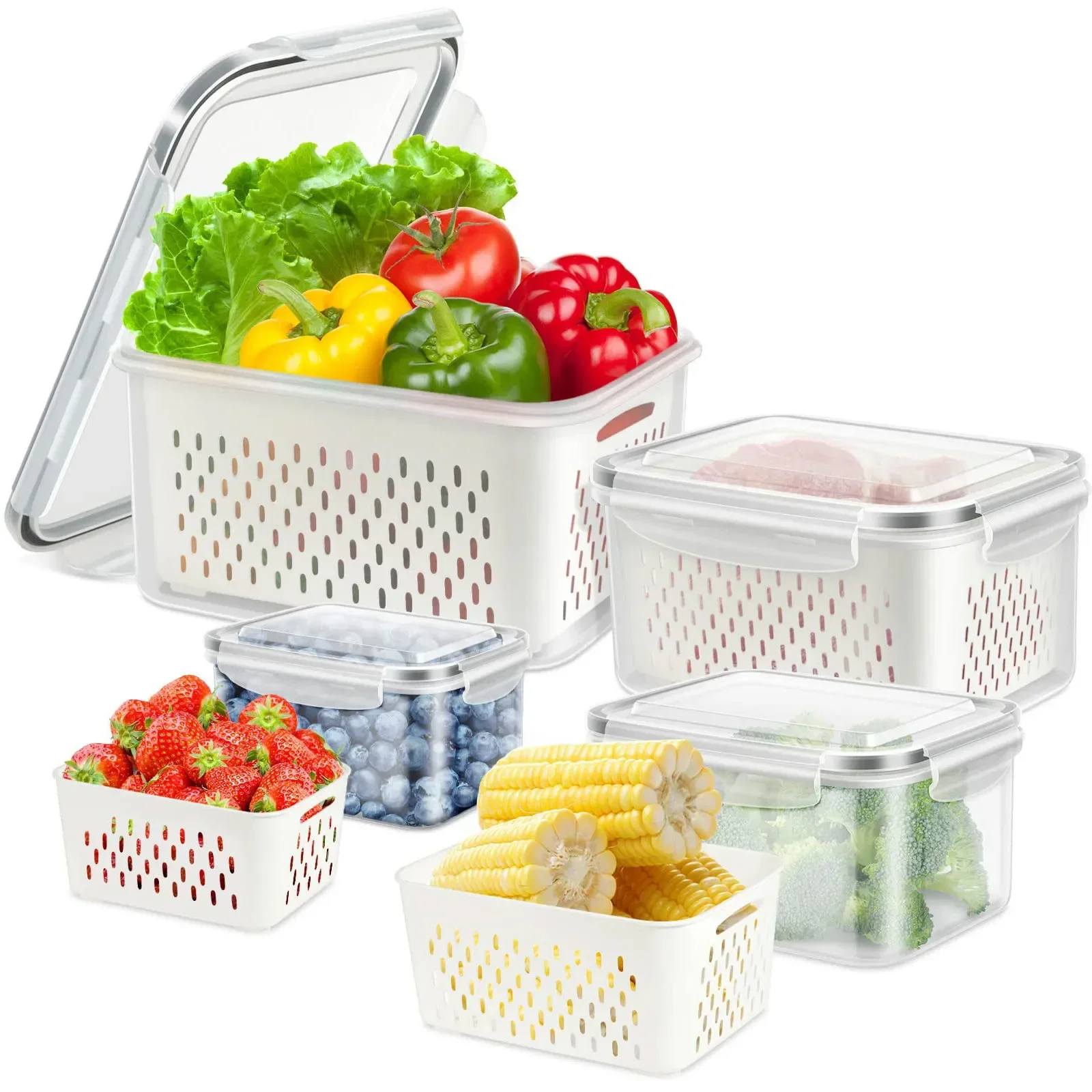 

Fridge Food Storage Container with Lids, Plastic Fresh Produce Saver Keeper for Vegetable Fruit Kitchen Refrigerator Organizers