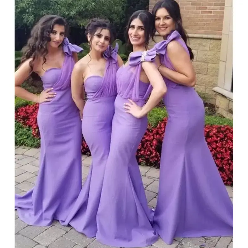 

Customized Elegant Lavender Mermaid Long Bridesmaid Dress One Shoulder Beaded Wedding Party Dress Maid Of Honor Gowns YBD56