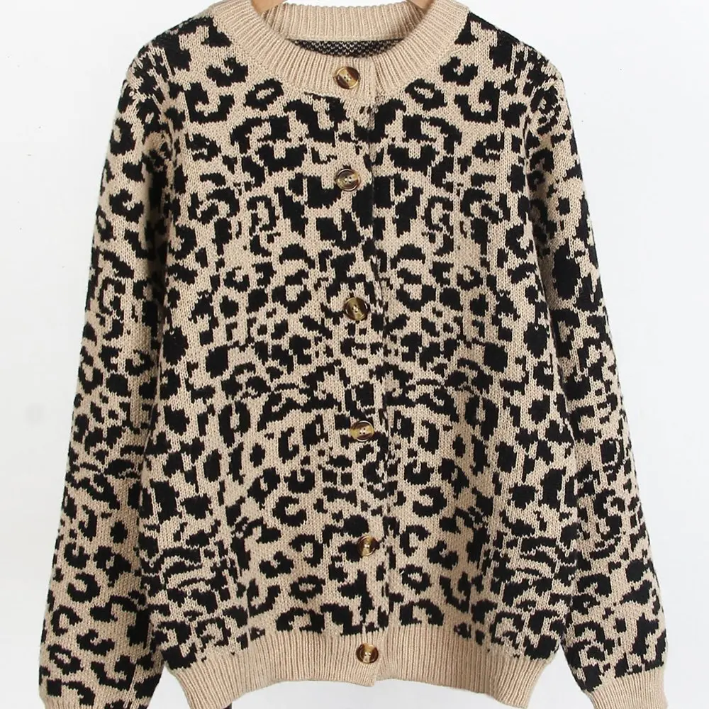 

Свободный вязаный свитер с длинным рукавом и круглым вырезом с леопардовым принтом, кардиган, пальто для женщин, осень-зима, новый стиль