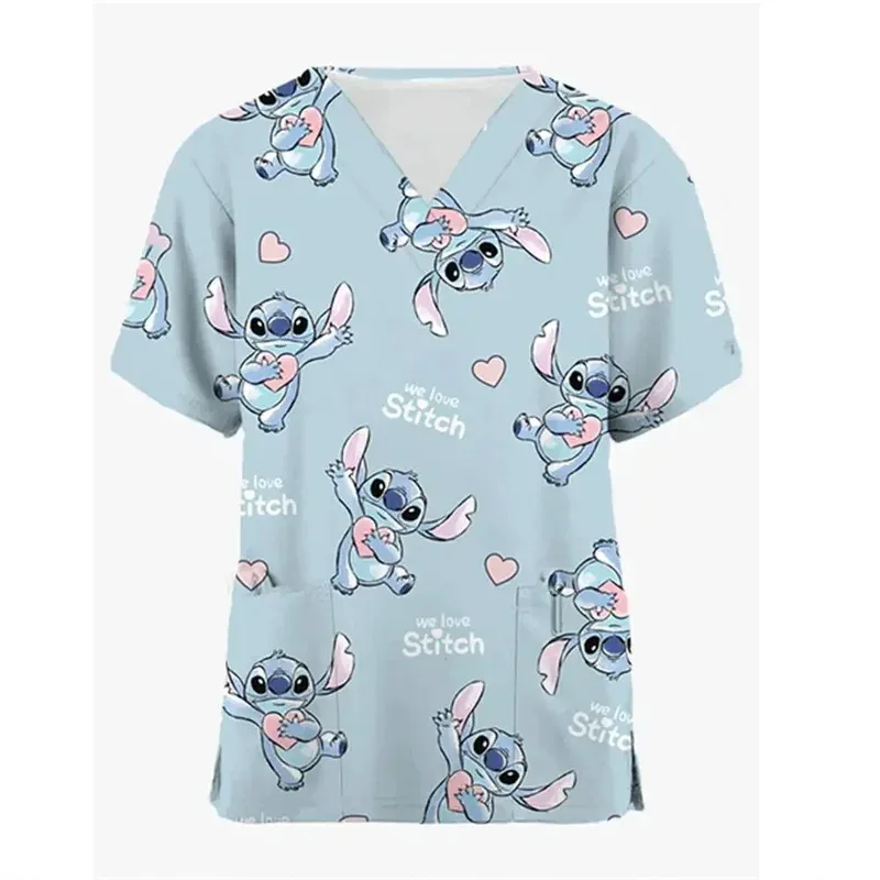Disney Hospital Pocket Lilo & Stitch Woman T-shirts Summer T-shirt New Nurse Uniform V Neck Y2k Clothing Uniform Pocket Neck Y2k