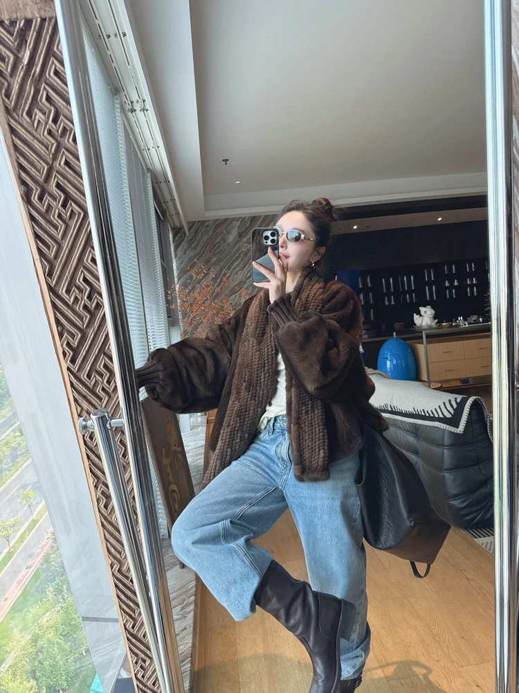 Lautaro Autumn Winter Brown Thick Warm Soft Faux Mink Fur Coat Women Lantern Sleeves Elegant Luxury Chic Fluffy Jacket 2026