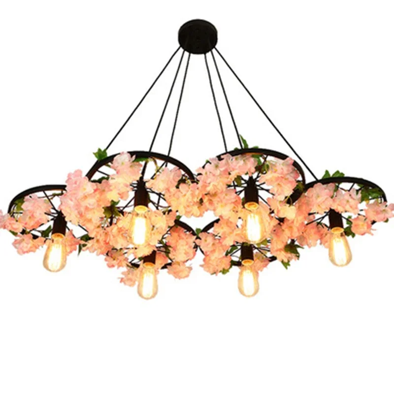 Multiple Heads Simulation Green Cherry Blossoms Wheel Chandelier For Bar Restaurant  Cafe Lighting Fixtures Pendant Lamp