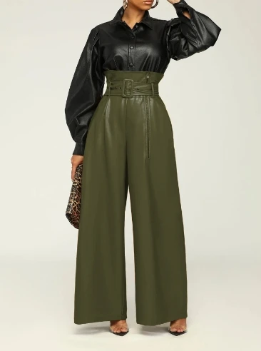 2024 Fashion Hot Selling Pu Leather Zipper Pocket Design High Waist Women's Nightclub Metal Belt Wide Leg Pants