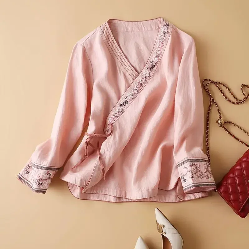 女性のための伝統的な中国の服,レトロな長袖,夏のトップ,ブラウス,2024