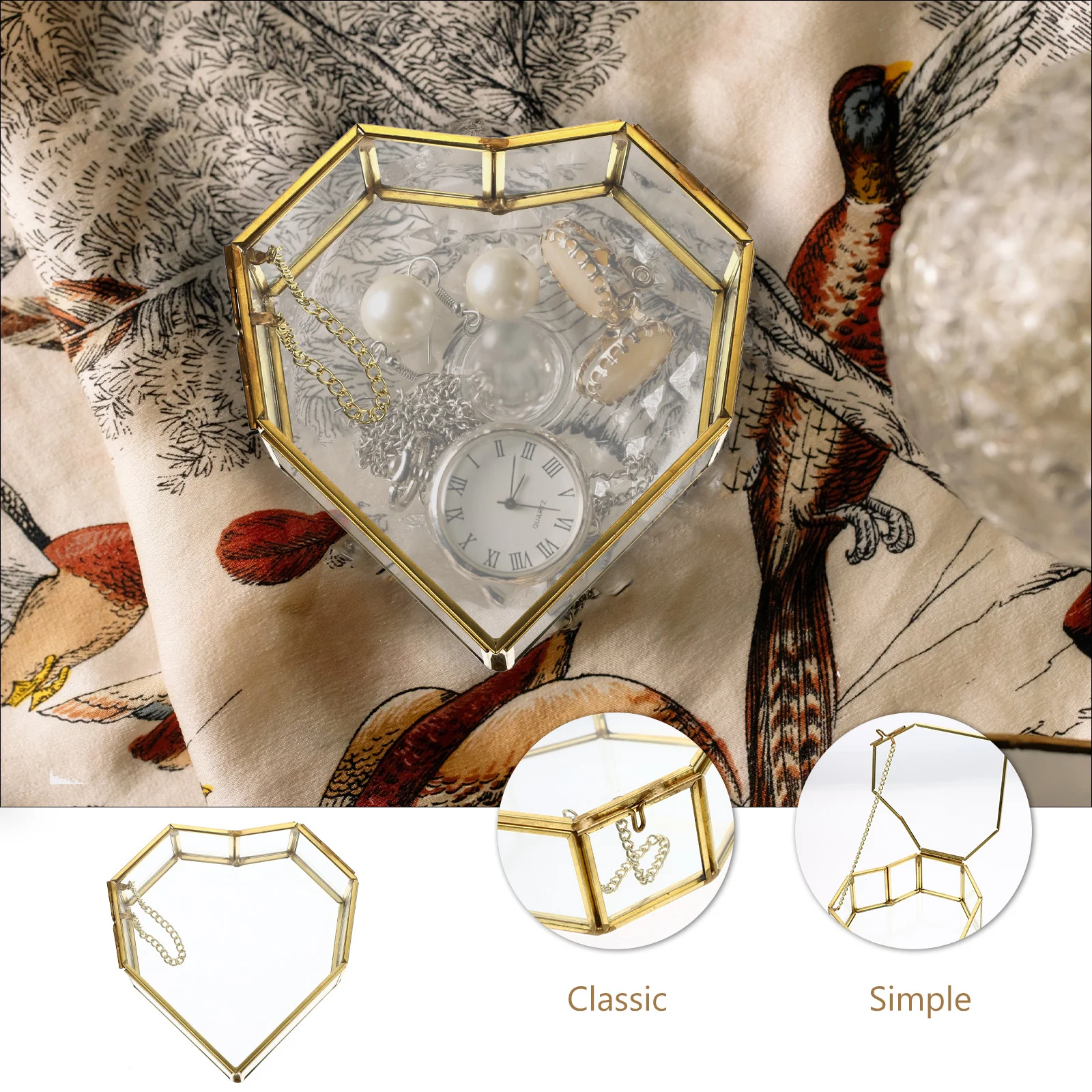 

Heart Shaped Gold Glass Jewelry Box Classic Clear Display Wedding Keepsake Tray Easy Clean Organizer Glass Box