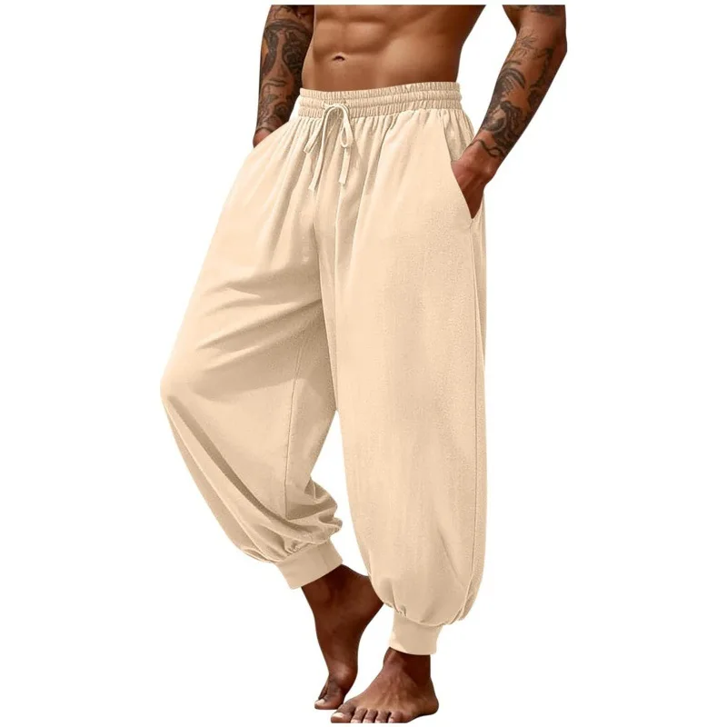 Mittelalterliche Knöchelhose für Herren, Renaissance Wikinger Piraten Schnürhose, Halloween Leinen Kostümhose, Cargo-Hose – Detail 12