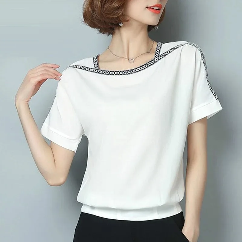 Women's Loose Short Sleeve Chiffon Blouse, Casual Tops, White Shirts, Summer Fashion Clothes, 0370