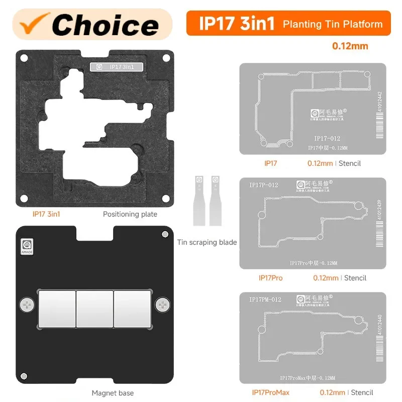 AMAOE IP17 3 in 1 Middle Layer Reballing Stencil Station Platform Kits for IP17 Air/Pro/Pro Max Fixture Steel Mesh Tools Set