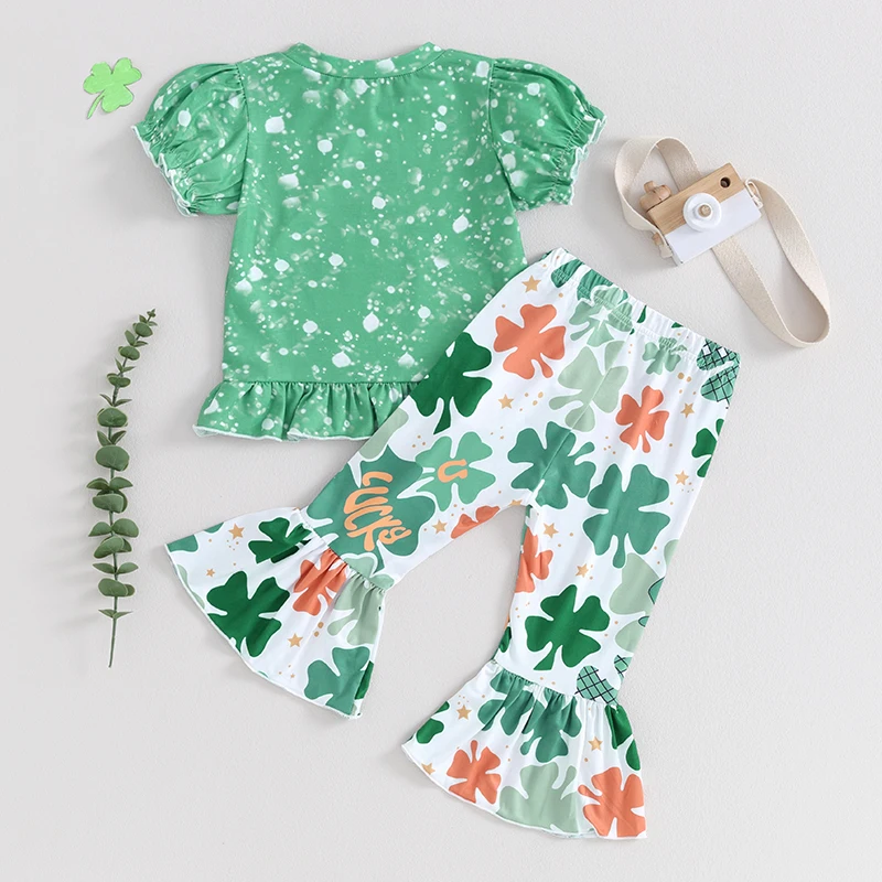 Roupa infantil para meninas do dia de São Patrício verde trevo estampado top de manga com babados e conjunto de leggings roupas adoráveis