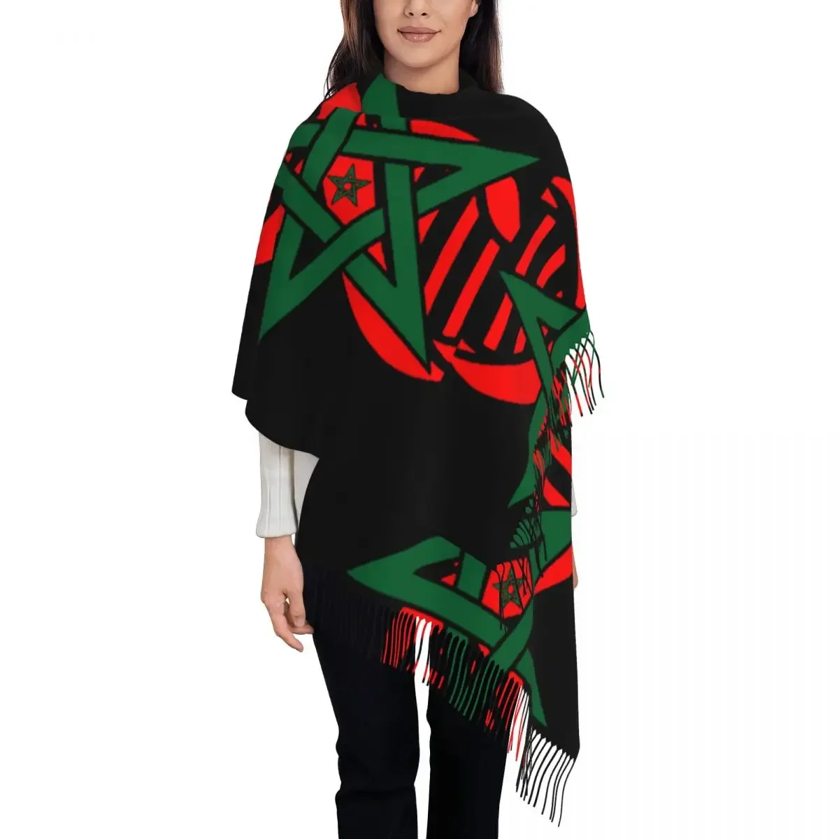 Women's Scarf with Tassel Moroccan Flag Morocco Long Winter Fall Shawl and Wrap Reversible Cashmere Scarf