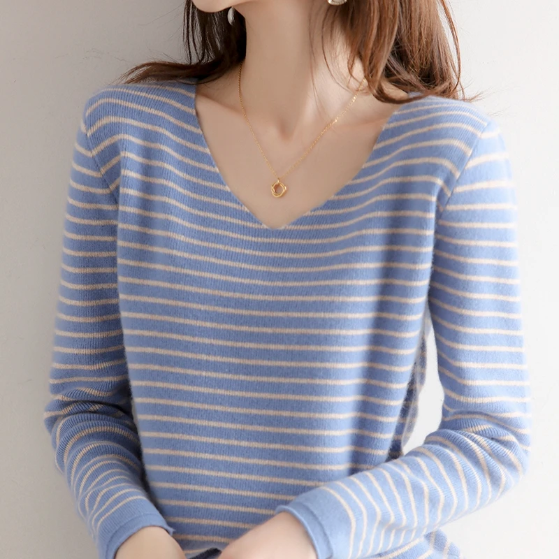 

Women's New Striped V-Neck Pullover Loose Sweater Spring Autumn Wear Fashionable Long Sleeved Versatiler knitted Bottoming Top