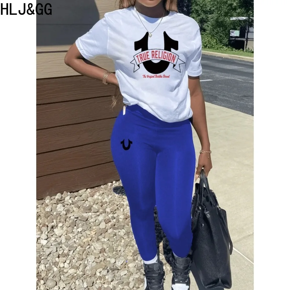 HLJ&GG Spring New Patter Letter Print Two Piece Sets Women O Neck Short Sleeve Tshirt And Skinny Pants Tracksuits Female Outfits