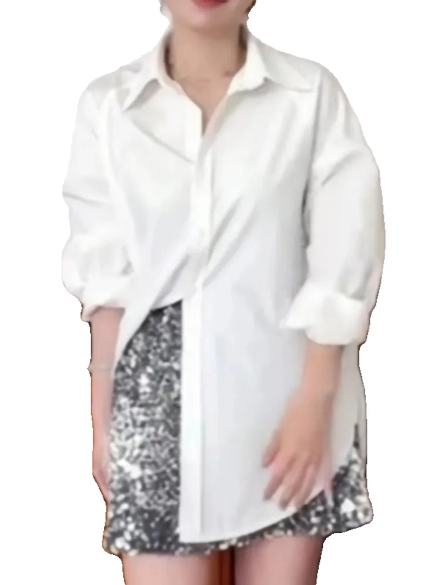 Długi, luźny damski sweter Ele Long Sve White, nowy model na wiosnę 2024, styl koreański, zapinany na guziki, jednolity kolor, mieszanka poliestru.