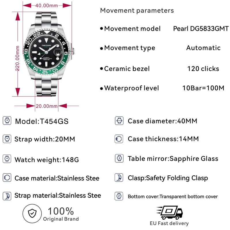 TIME TOKEN Men's Mechanical Watch - Luxury Ceramic Bezel Automatic GMT 10bar Waterproof Sapphire Glass New Design