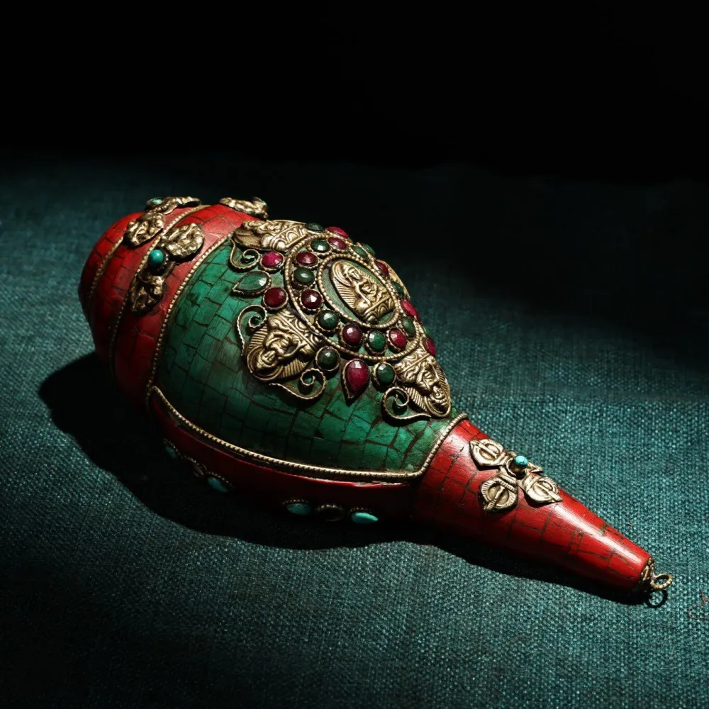 Nepal Large Dharma Conch Shell Five Buddhas Painted Gem Inlaid Blowing Horn Right Left Spiral Collectible