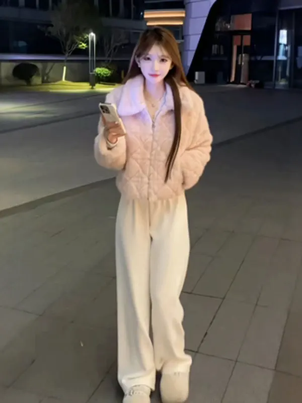 

Korean Sle Unique Beautiful Fur Coat Sweet Gentle Spring Upper Body Inteated Leather And Fur Collar Zipper ort Coat