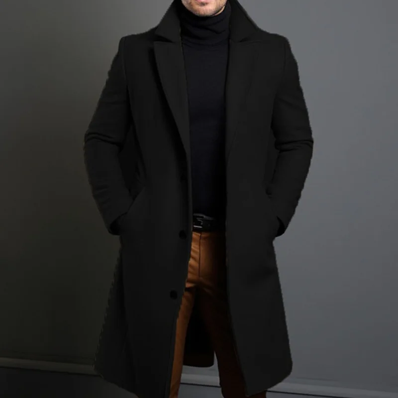 

Men's Pure Color awl Collar Single Buttoned Coat Faion Urban Sle Long Length Autumn Season Cross-Border Pure Color