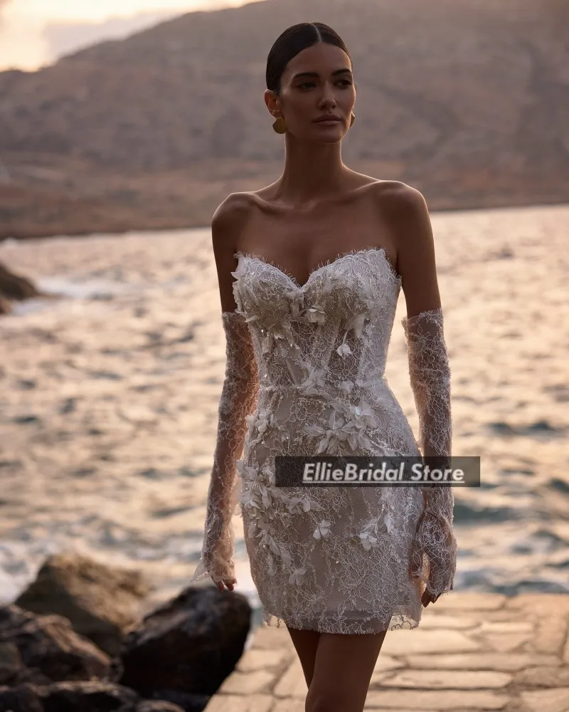 Пляжные короткие свадебные платья со съемными рукавами, милое кружевное гражданское свадебное платье с аппликацией, платье de novia по индивидуальному заказу