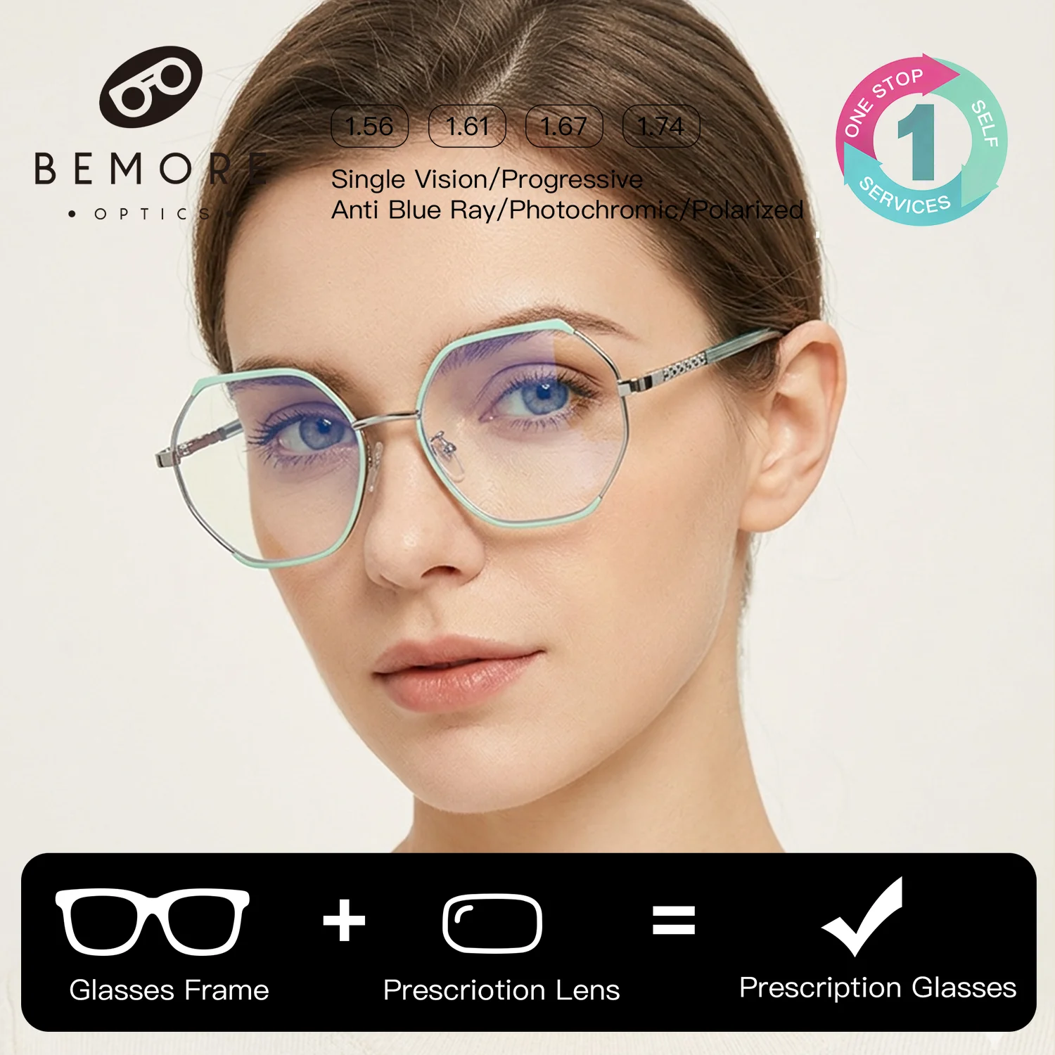 

BEMORE High Quality Metal Prescription Eyewear Woman Polygon Photochromic Blue Light Blocking Reading Glasses