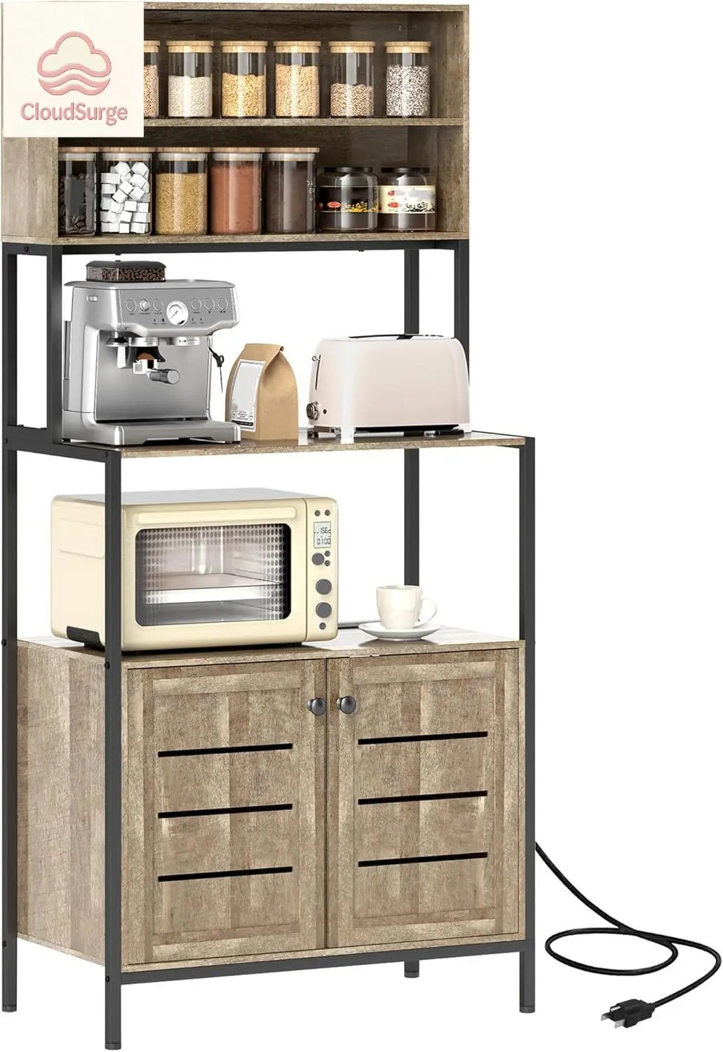 

Кухонный стеллаж для выпечки с розеткой, шкаф для кофейной зоны с полками для хранения, подставка для микроволновки с шкафчиками с жалюзийными дверцами, серый