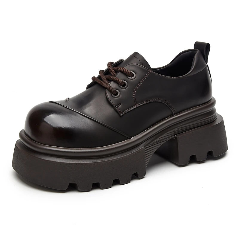 

Women's Thick-Soled Leather Shoes with Thick Heels, Lace-Up Large-Toe Loafers, Women's Shoes