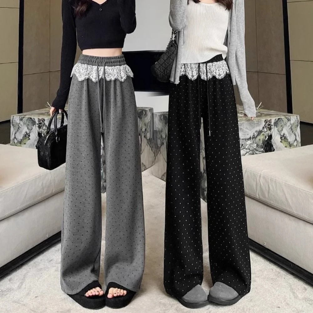 

Sweet Lace Straight Leg Pants Drawstring Streetwear Women Casual Pants Trousers High Waist Wide Leg Loose Pants Daily