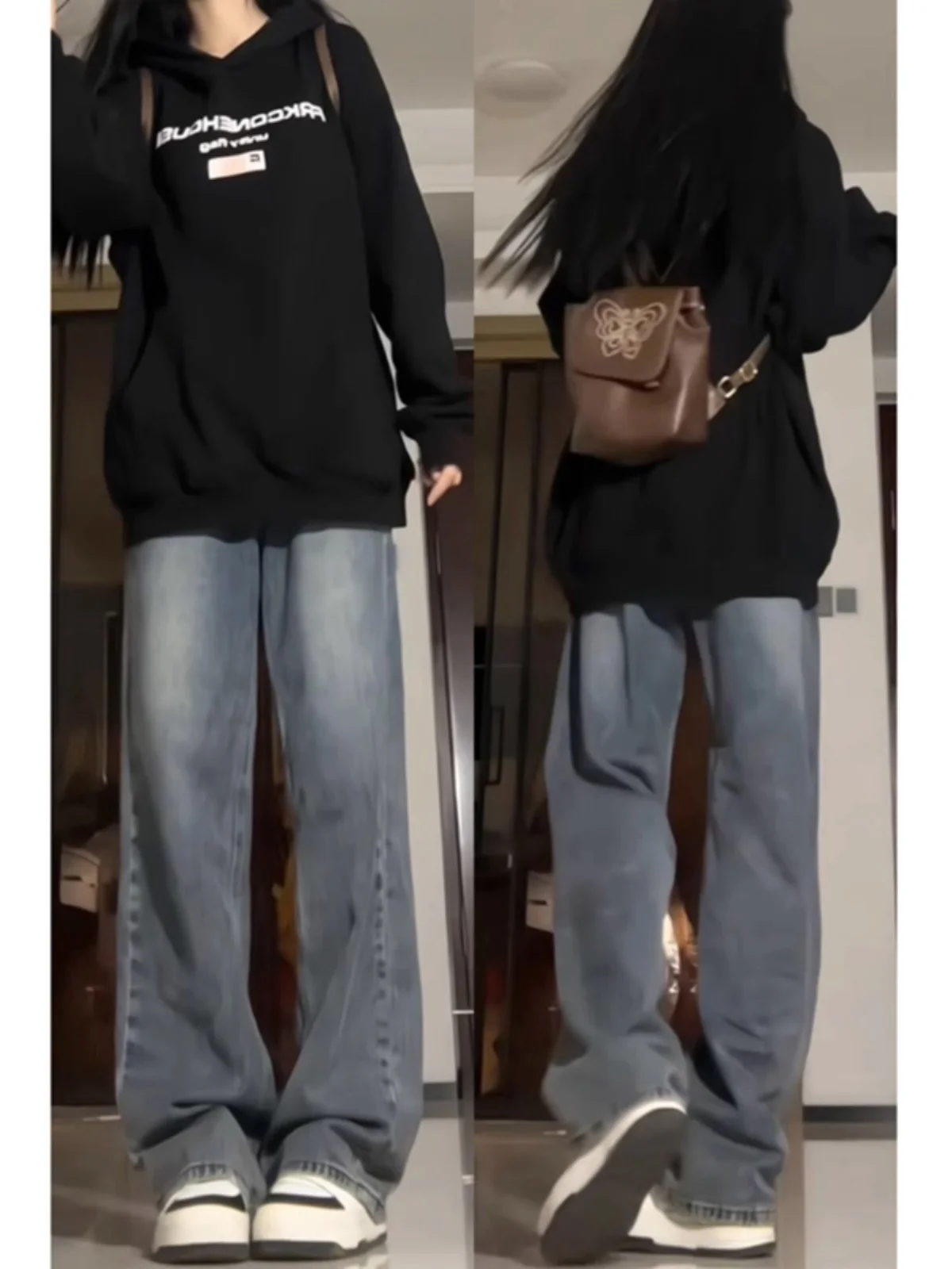 

High Waist Fce Lined Wide Leg Jeans Women plus Size Conceal Hip Straight Cut Long Pants Autumn Blue Color Zipper Closure