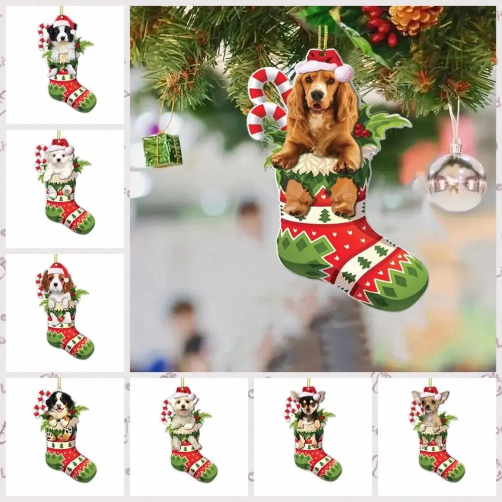 2D Christmas Dog Hanging Ornaments Decorative Cartoon Xmas Tree Dog Charms Dog/Cat Shape Hanging Puppy Acrylic Pendant Door