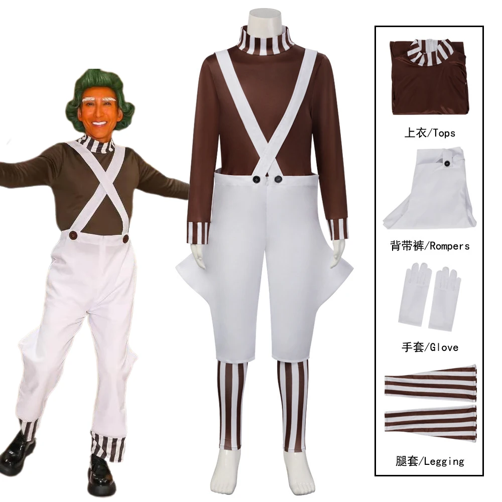 Disfraz de Oompa Loompa, Peluca de Anime, Disfraz de Trabajador de la Fábrica de Chocolate, Conjunto Completo de Ropa para Hombre, Traje para Fiesta de Halloween