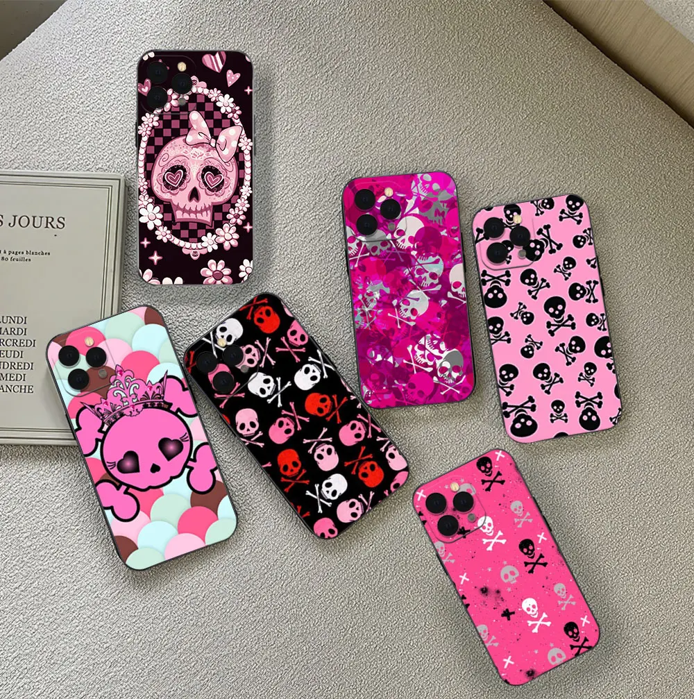 Phone Pink Skull And Bones Case For Samsung S23 S22 ULTRA A22 A71 Black Soft Silicone Cover