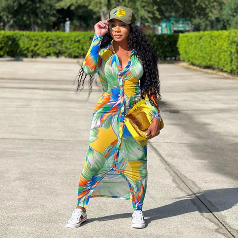 2024 primavera stampato abito lungo donna elegante scollo a v manica lunga partito Maxi vestito estate Skinny Boho abiti