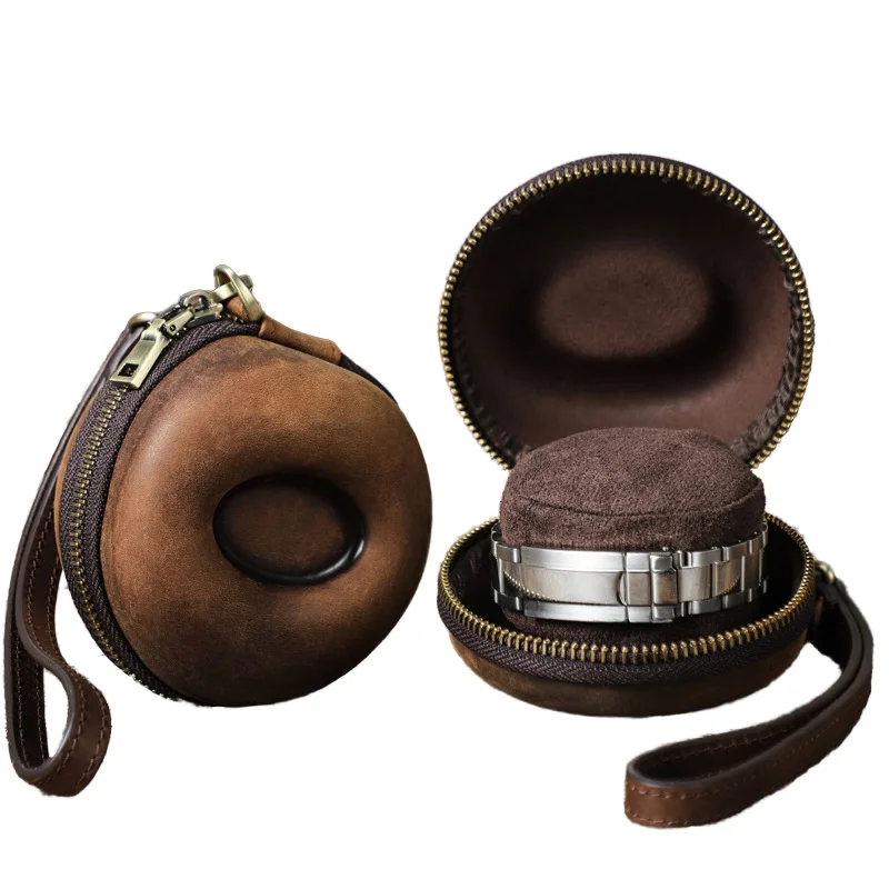 Estuche de Almacenamiento de Relojes Portátil de Cuero Crazy Horse de Lujo, Caja en Forma de Dona Color Café para Viajes