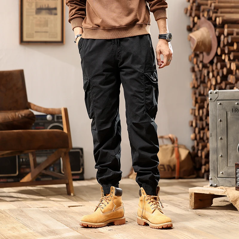 Men's Clothing Vintage Trousers Fashion Pockets Spliced Safari Style Four Seasons Elastic Drawstring Basic Zipper Casual Pants