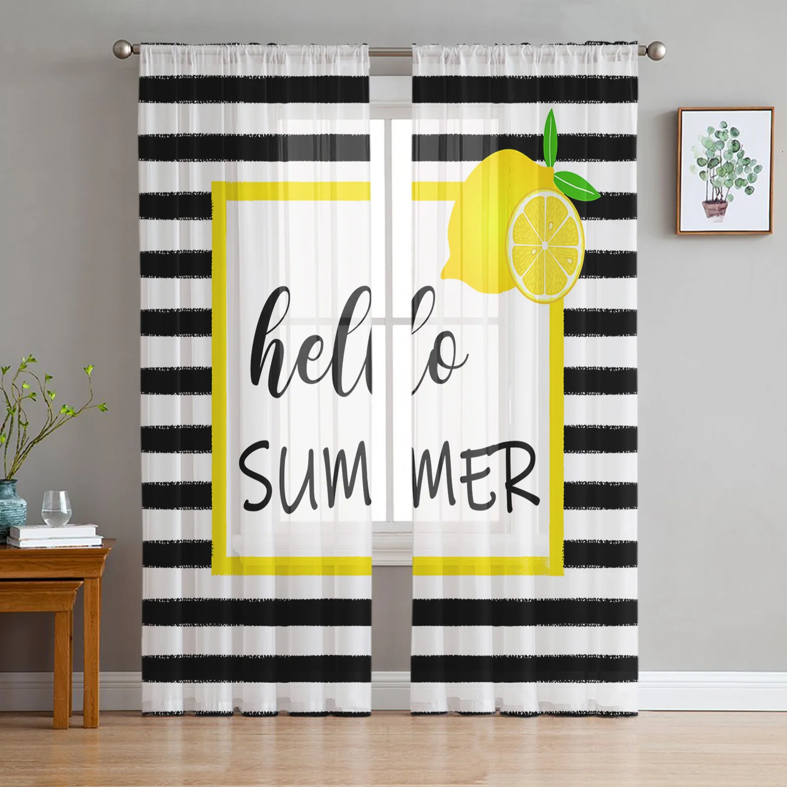 

Summer Lemon Black And White Stripes Modern Tulle Curtain for Kitchen Living Room Bedroom Decor Fashion Print Home Sheer Drapes