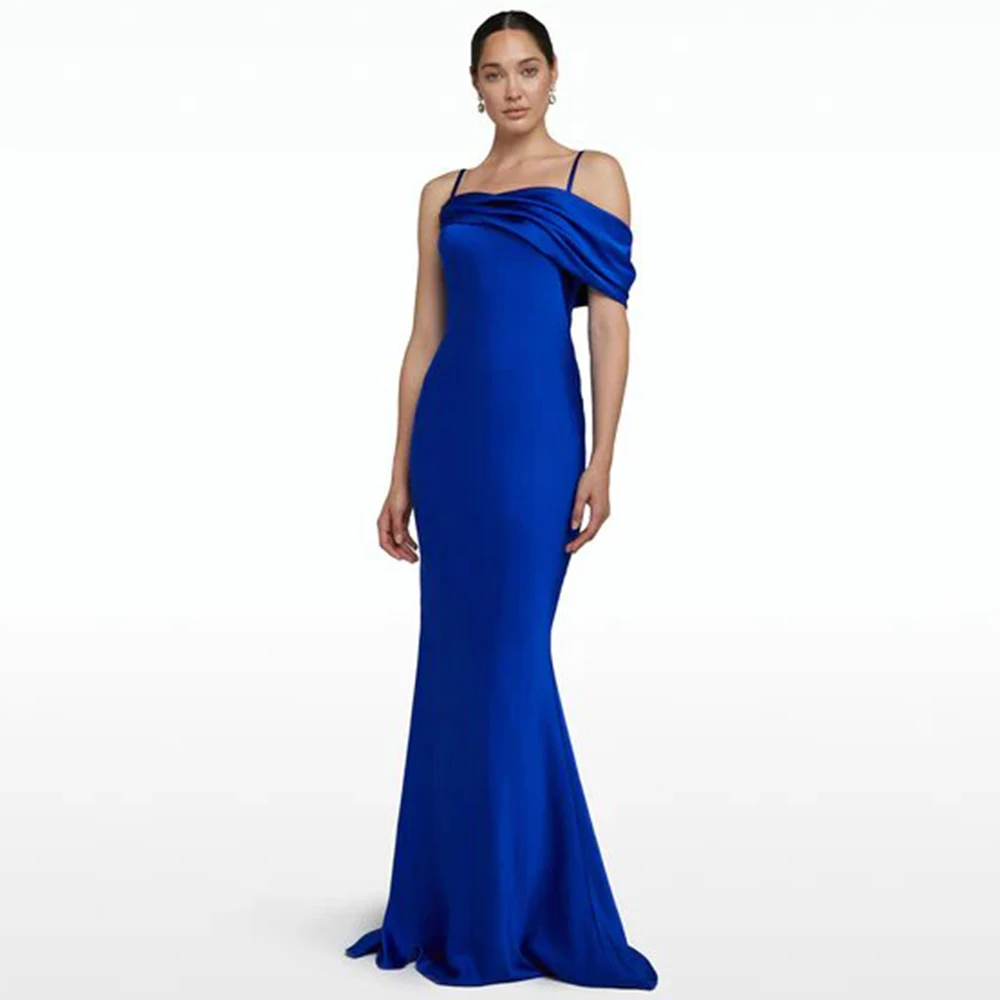 

Sexy Evening Dresses Satin Mermaid/Trumpet Valentine's Day Gown Royal Blue Spaghetti strap Pleat Draped Party Dress Long 2024