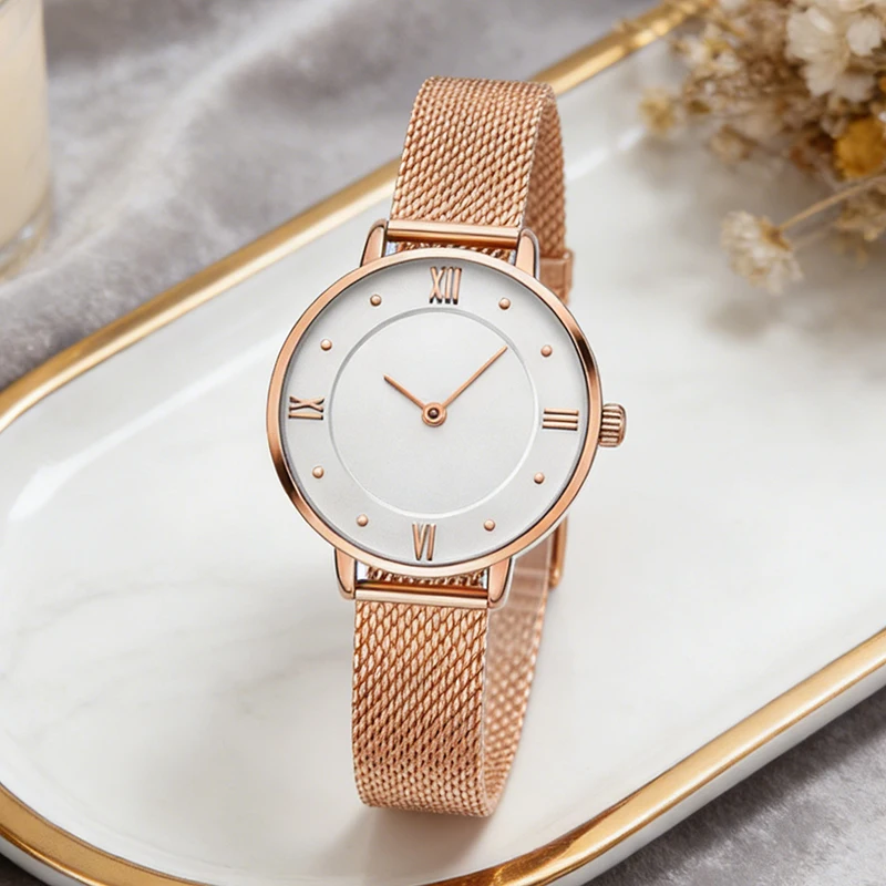 

Итальянские женские минималистичные часы с сетчатым ремешком из розового золота и римскими цифрами, ультратонкие повседневные кварцевые наручные часы для женщин