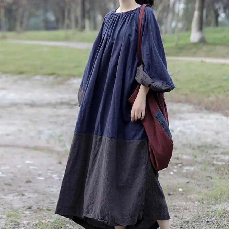 New Arrival Spring Arts Style Women Long Sleeve O-neck Loose Dresses Patchwork Design Vintage Cotton Linen Long Dress